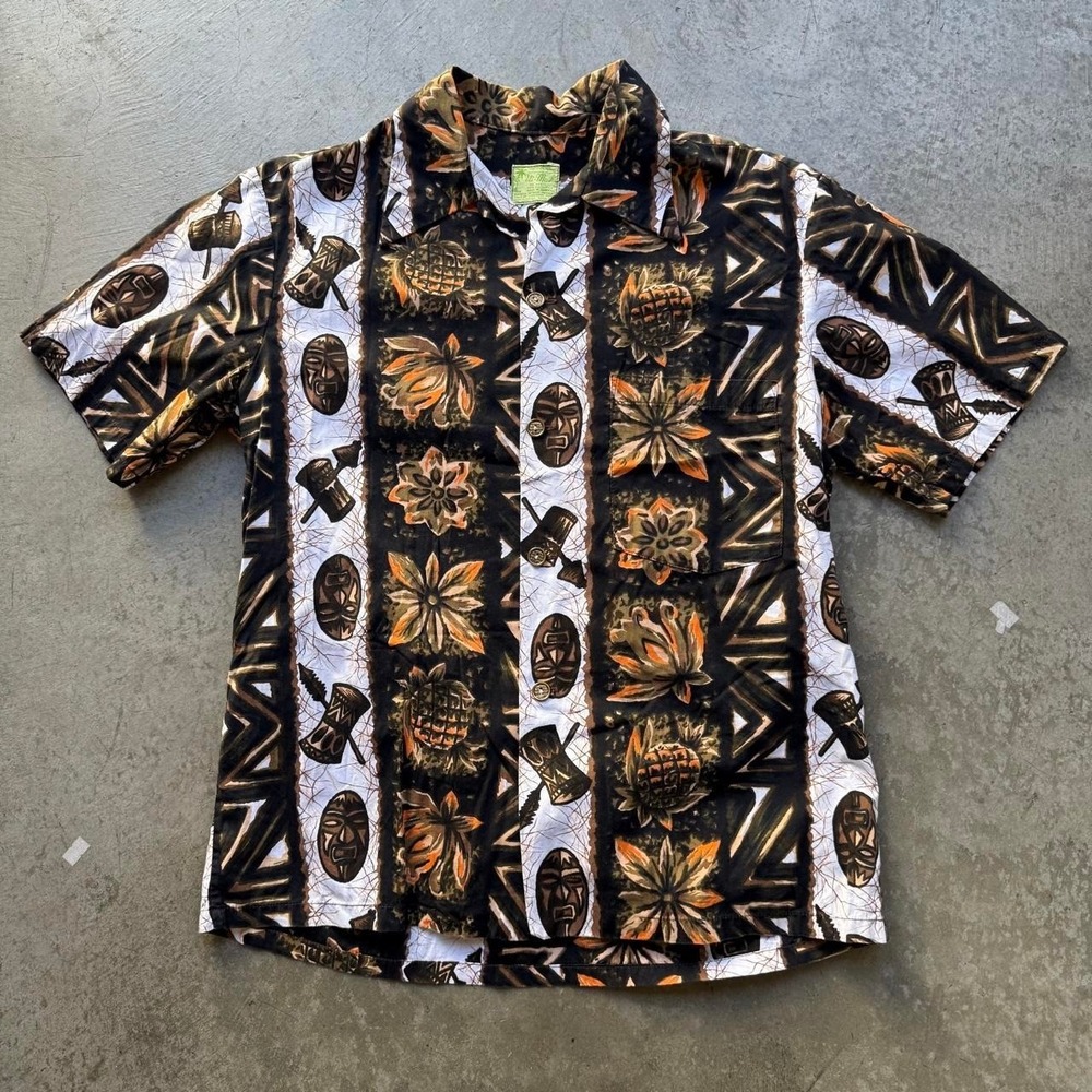 Vtg 60's Hawaiian Shirt Brown Tribal Tiki Floral Scene by Ui-Maikai Metal Button